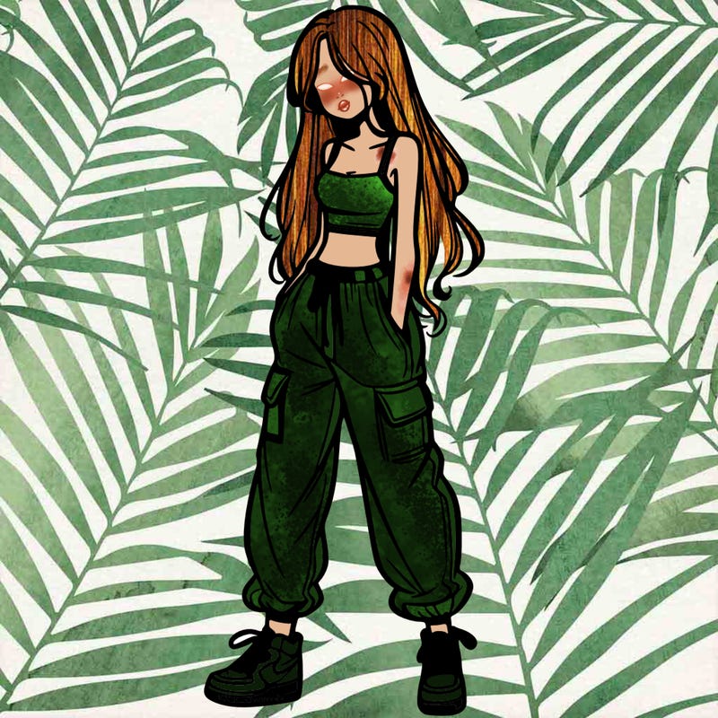 girl in baggy pants crop top and long hair