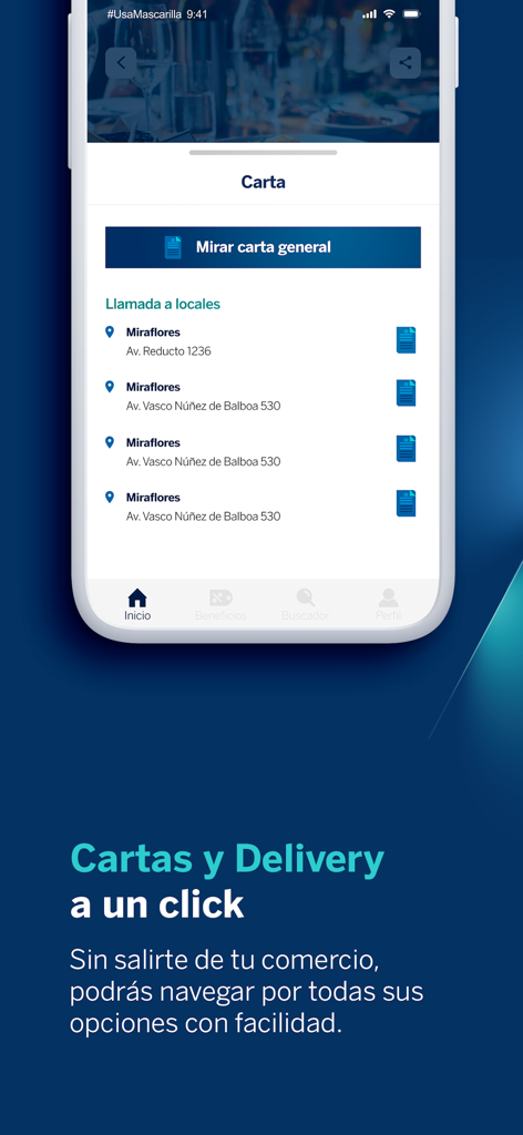 BBVA Beneficios app interface showing restaurant menu options and locations in Miraflores.