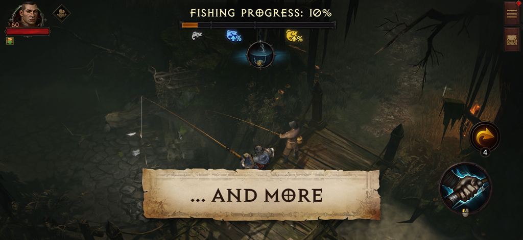 A character in Diablo Immortal engaging in a fishing mini game within a dark swamp environment.