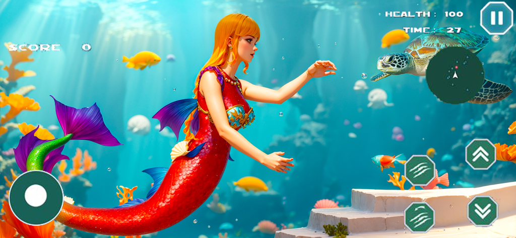 A mermaid with red hair and a red tail swimming next to a sea turtle in a 3D underwater ocean environment.