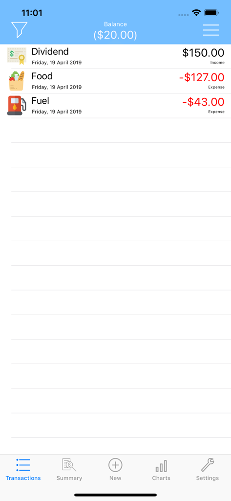 Oberfläche der My Spending App, die eine Liste von Einnahmen- und Ausgaben-Transaktionen zeigt, einschließlich Nahrungsmittel, Treibstoff und Dividenden