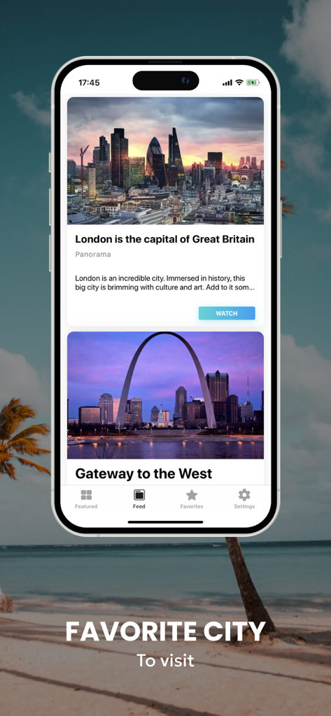 Webcams World View: Discovery - iPhone displaying a city feed in the Webcams World View app featuring London and St Louis panoramas.