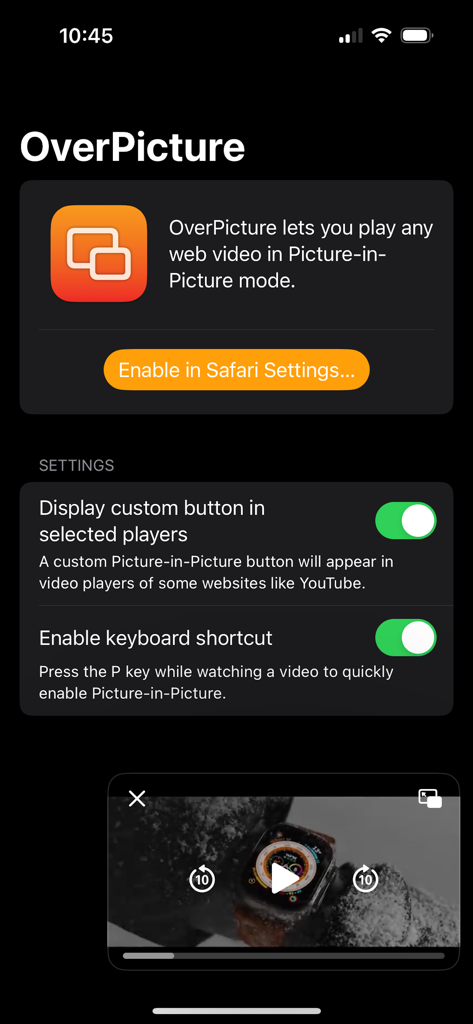 Die Einstellungsoberfläche der OverPicture-App unter iOS mit Optionen zum Aktivieren des Bild-im-Bild-Modus und benutzerdefinierten Videoplayer-Schaltflächen.