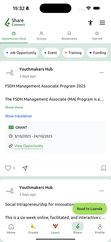 AU-EU Youth Voices Lab - Interface of the AU-EU Youth Voices Lab app showing the Opportunity Desk with career and training listings for young professionals