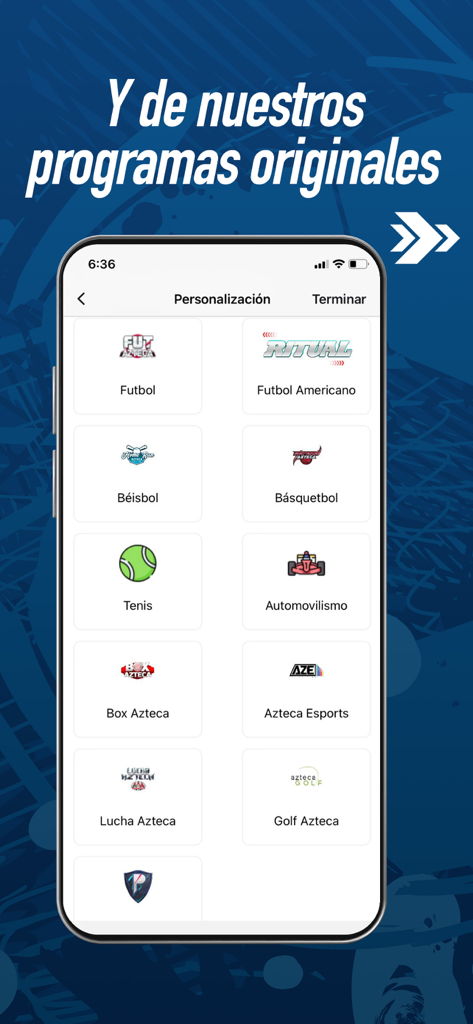 Azteca Deportes : EN VIVO - Interface of Azteca Deportes app showing a menu to select sports categories like soccer boxing and american football