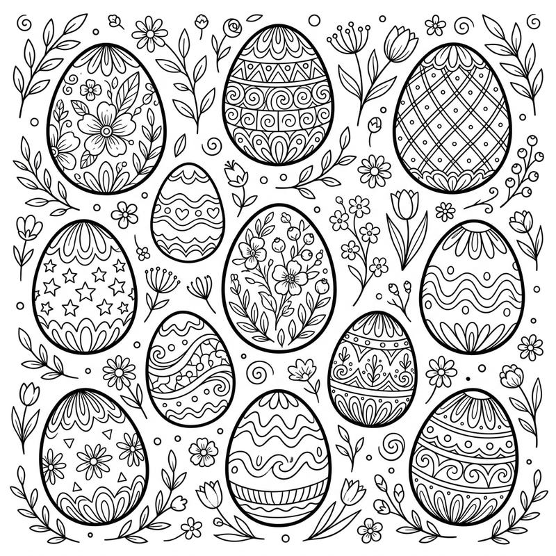 Celebrate the arrival of spring with this charming collection of decorated Easter eggs, ready for your creative touch. Each egg offers unique patterns and details, providing a delightful coloring experience.