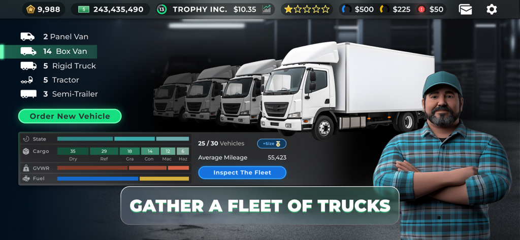Interfaz del juego Truck Manager 2026 mostrando una flota de furgonetas blancas y estadísticas de gestión de vehículos