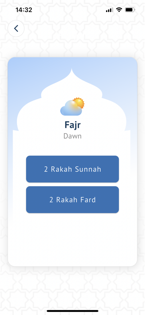 Interface of NamazStart app showing Fajr prayer options for Sunnah and Fard rakahs