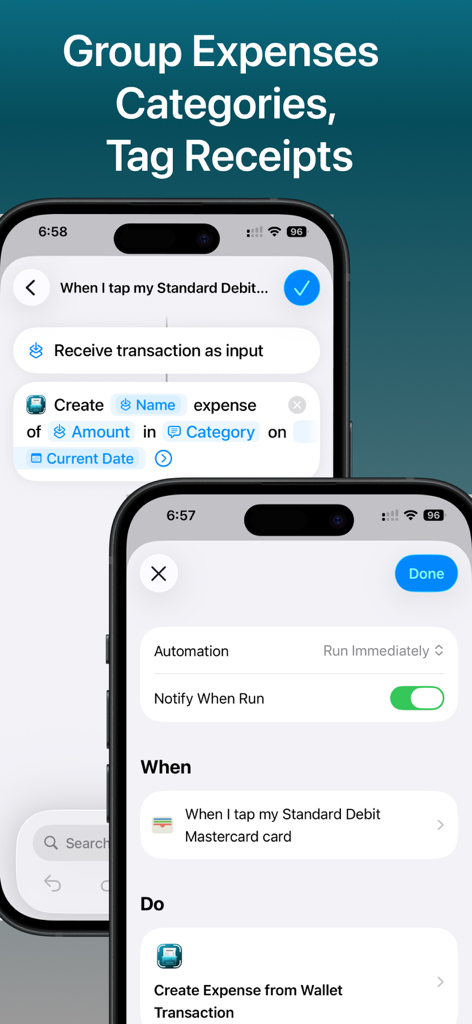 Smart Scan Receipts: Receiptly - Interfaz de la aplicación Receiptly que muestra la automatización de Atajos de Apple para agrupar gastos y etiquetar recibos