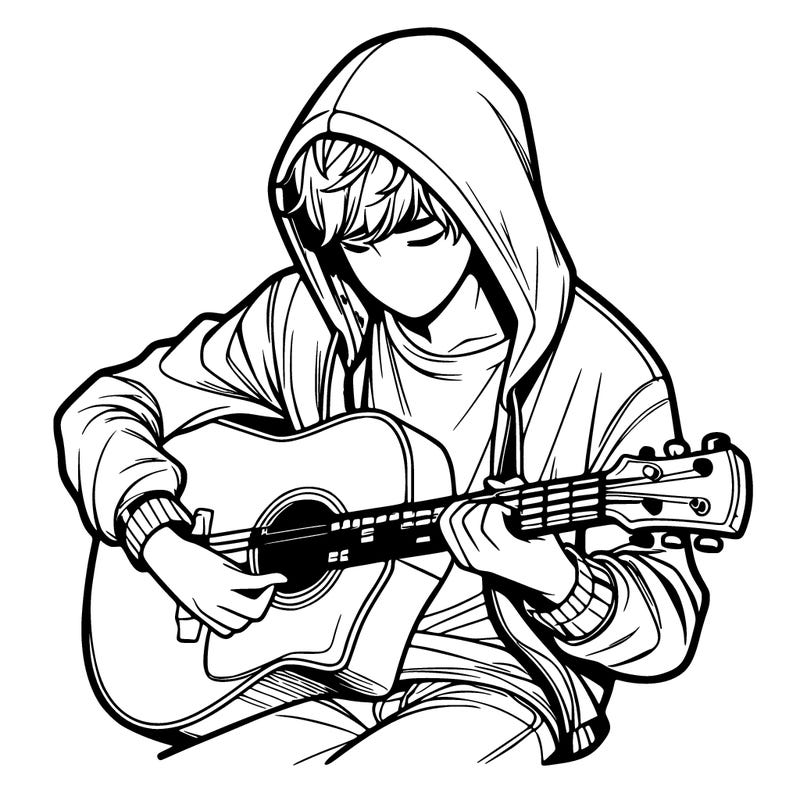 realistic boy in hoodie playing guitar