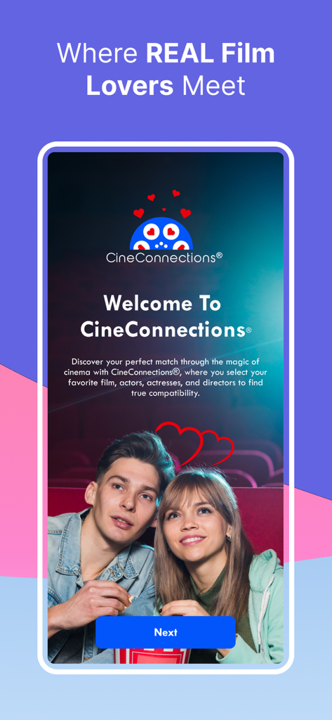 CineConnections - A couple sharing popcorn at a movie theater on the CineConnections welcome screen