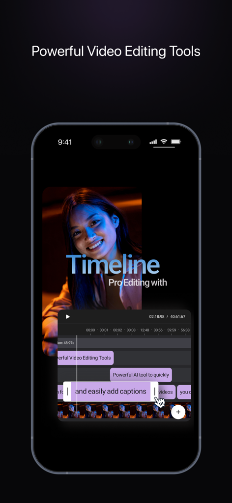 Pantalla de smartphone que muestra la interfaz de la aplicación Capzy con una línea de tiempo de edición de vídeo y subtítulos de IA en un clip de vídeo.