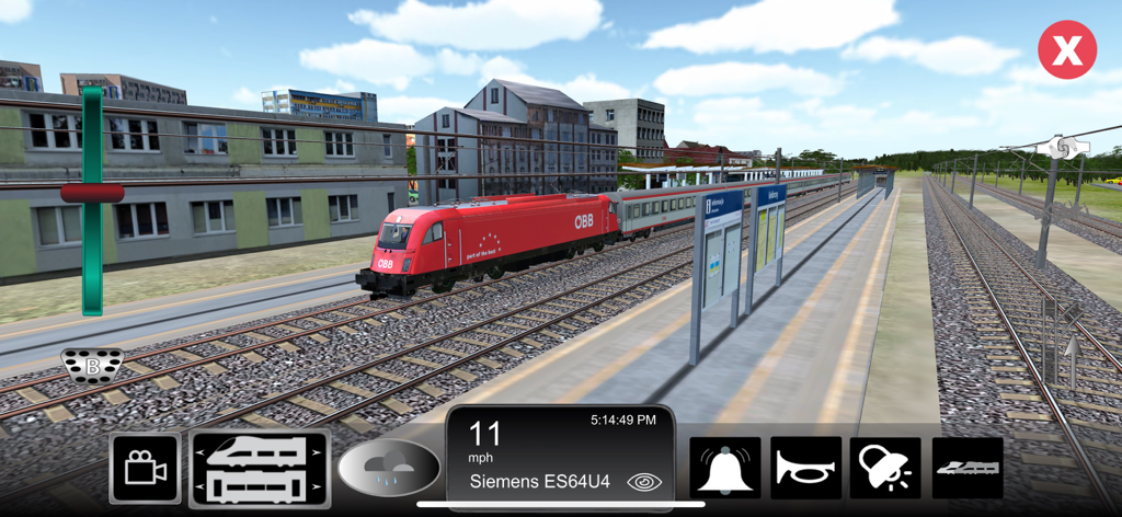 Train Sim - Gameplay of Train Sim featuring a red Siemens ES64U4 locomotive at a station.