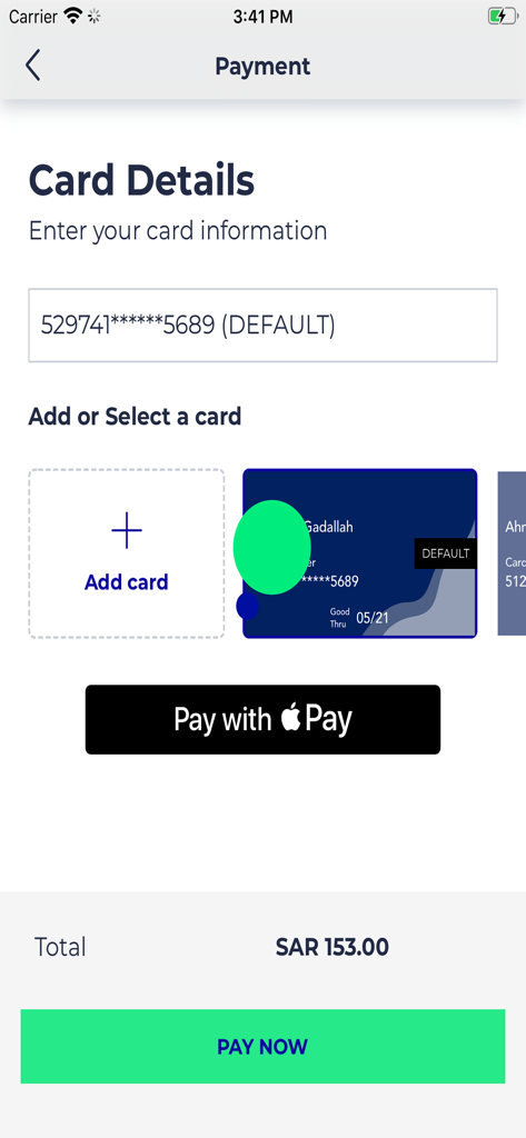 WEEM - WEEM app payment screen with card details and Apple Pay option