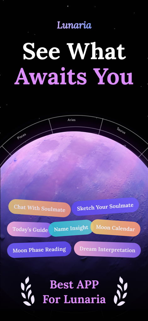 Lunaria AI - Soulmate Drawing - Interfaz de la aplicación Lunaria AI que presenta bocetos de almas gemelas, guías de astrología y herramientas de interpretación de sueños sobre un fondo celestial