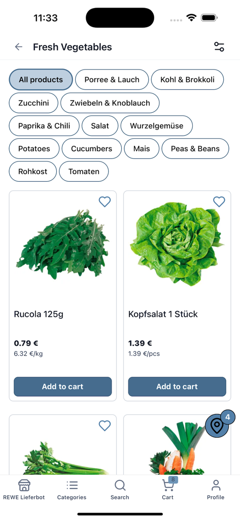 REWE Lieferbot - Produktliste mit frischem Gemüse in der REWE Lieferbot Mobile App.