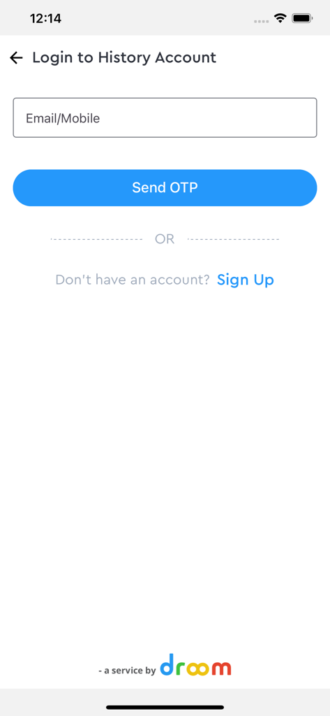History:Check Vehicle History - 차량 보고서를 위해 이메일 또는 모바일 입력을 포함하는 Droom History 앱 로그인 화면
