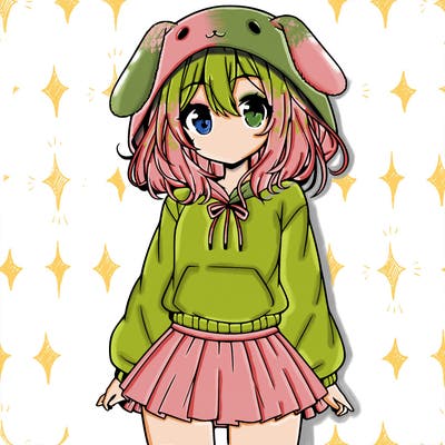 pretty anime girl wearing a fluffy hoodie with bunny ears on the hood and a skirt