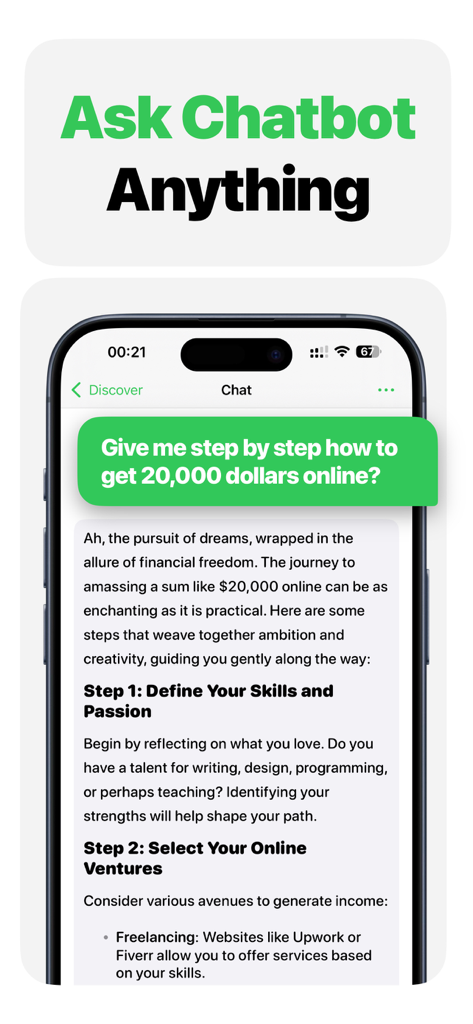 Interfaz de la aplicación ChatASK que muestra una conversación de chat con un asistente de IA sobre cómo ganar dinero en línea.