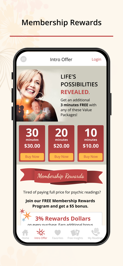 Ofertas introductorias y programa de recompensas de membresía en la aplicación Psychic Source