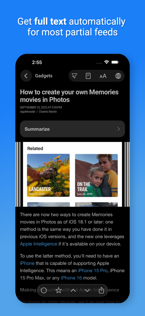 Newsify app displaying an article in night mode with automatic full text and AI summary options