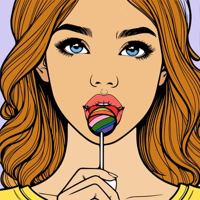 a realistic girl with a lollipop in her mouth