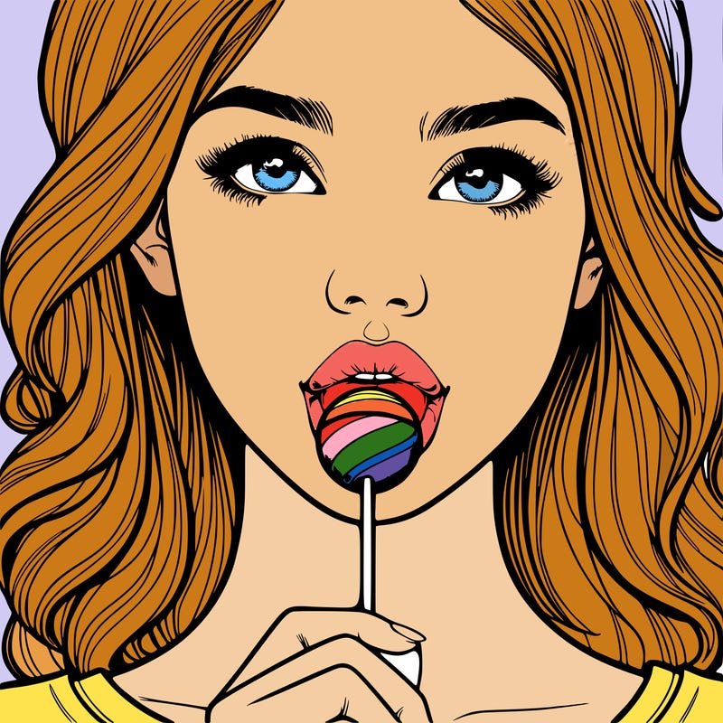 a realistic girl with a lollipop in her mouth