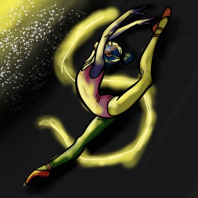 gymnast doing a leap in a leotard with a bent back leg