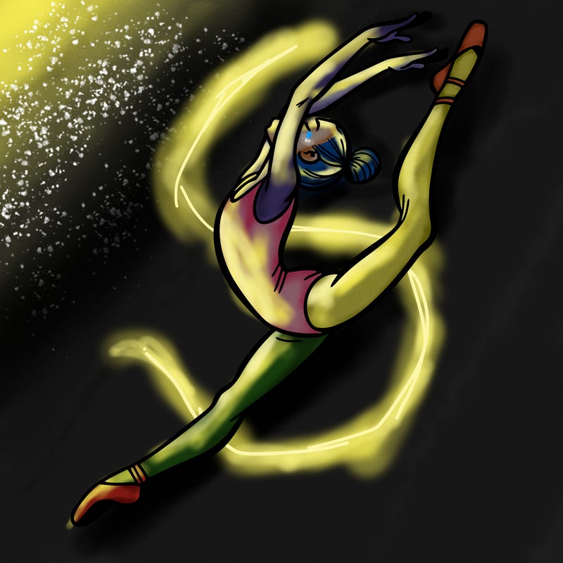 gymnast doing a leap in a leotard with a bent back leg