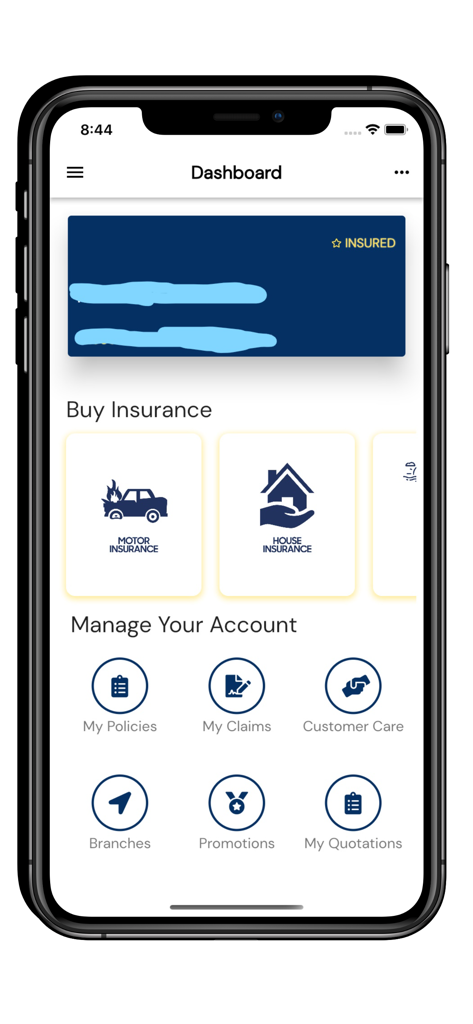My PICZ - Dashboard of My PICZ insurance app showing options to buy motor and house insurance and manage policies