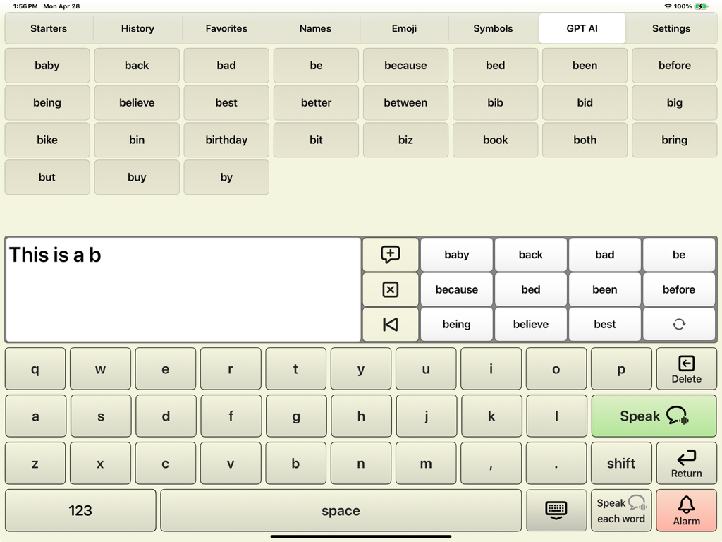 AI Communicator - AI Communicator app interface on iPad showing a text-to-speech keyboard with predictive word buttons and communication categories