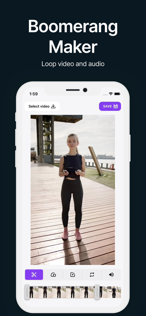 Boomerang Video Loop Maker - The editing interface of the Boomerang Maker app showing a video being looped.