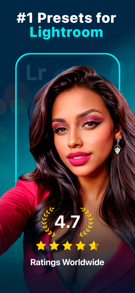 App Presets for Lightroom - Werbebildschirm für App-Voreinstellungen für Lightroom, der ein professionelles Porträt und eine Bewertung von 4,7 Sternen zeigt