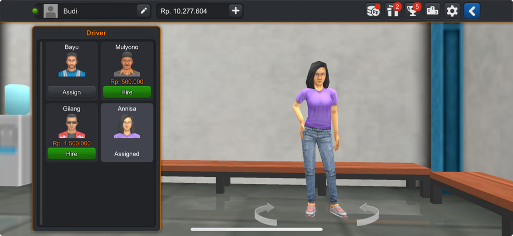 Driver selection menu in Bus Simulator Indonesia showing available drivers and character management.