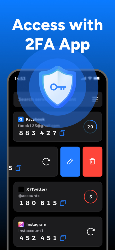 MFA 인증 앱 화면에 Facebook, X, Instagram 계정에 대한 2FA 보안 코드가 어두운 사용자 인터페이스에 표시됩니다.