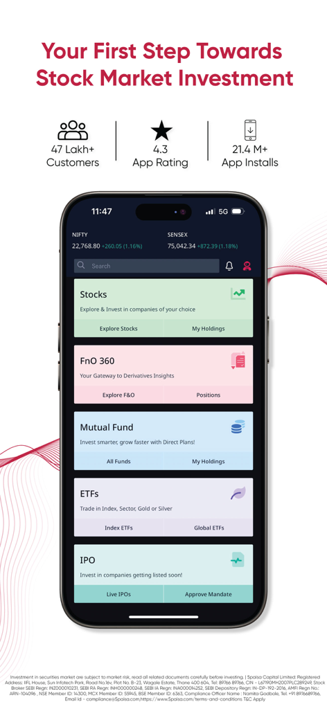 Application 5paisa montrant les catégories d'investissement boursier, y compris les fonds communs de placement et les IPO