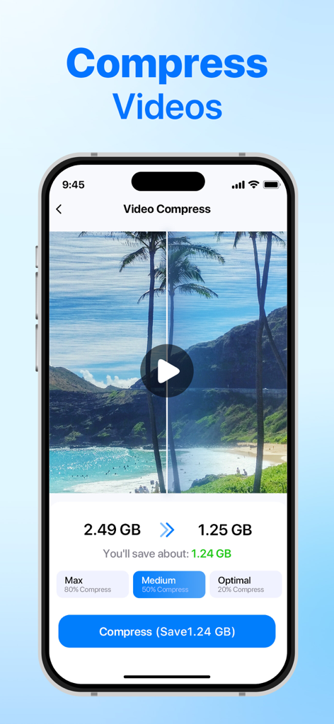 AI Cleaner app interface showing video compression feature to save storage space on iPhone