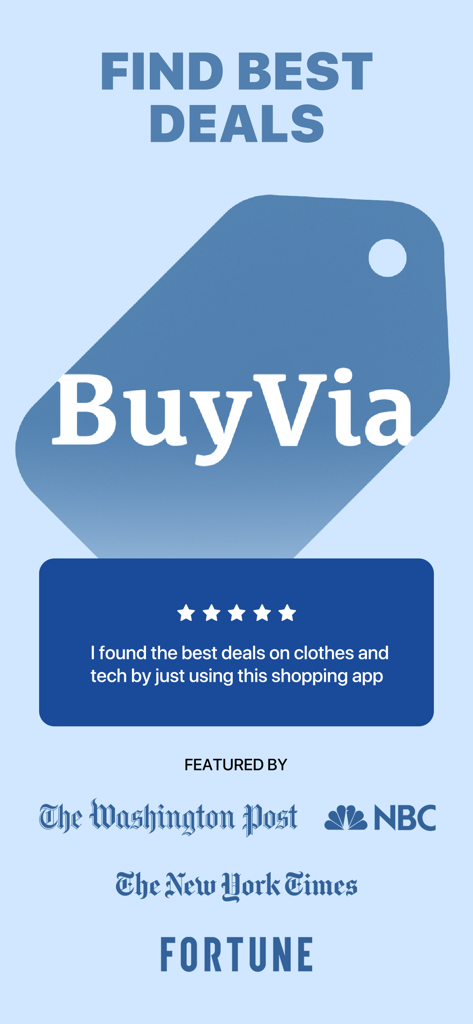 BuyVia app promo screen showing best deals title with media logos from The New York Times and NBC