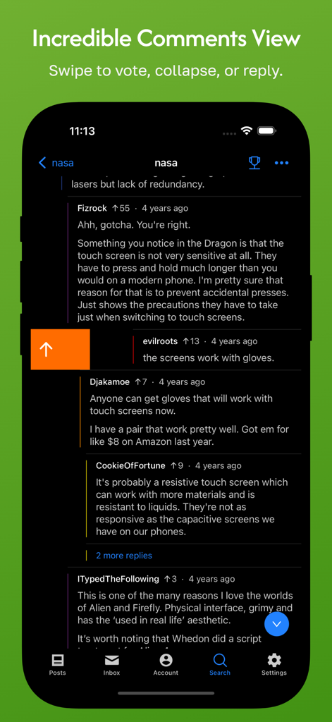 Hydra Reddit client for iOS showing the comments view with a swipe gesture to upvote a comment