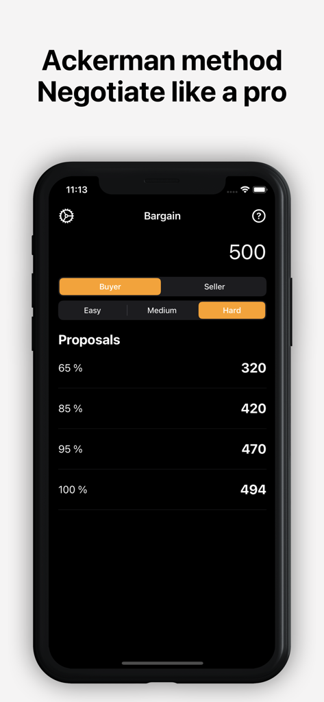calculator buy sell - Bargain - Bargain app interface showing the Ackerman method negotiation steps
