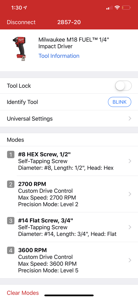 Milwaukee ONE-KEY app interface showing tool lock settings and customizable performance modes for an M18 FUEL impact driver