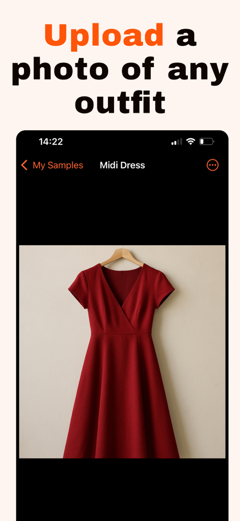 Fashion Tailor app screen prompting to upload a photo of an outfit for AI design