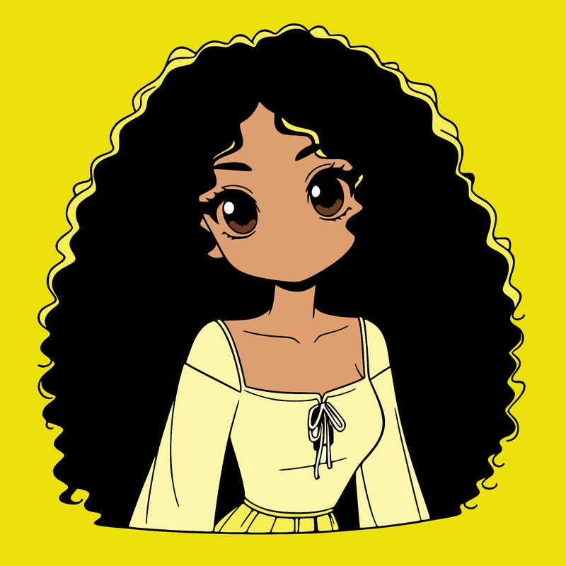 a black anime girl with long afro hair