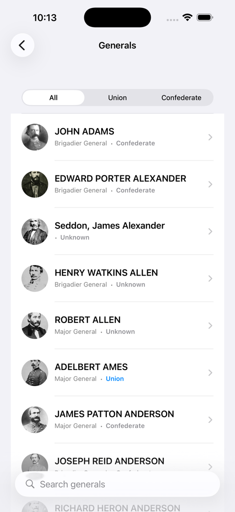 Battle of Gettysburg - Lista de generales de la Guerra Civil en la aplicación Batalla de Gettysburg que muestra nombres, rangos y afiliaciones como Unión o Confederado.