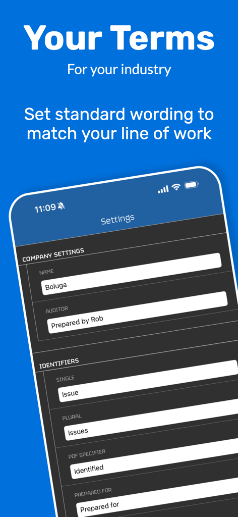 Settings screen for customizing company names and industry terminology in the Snag List app