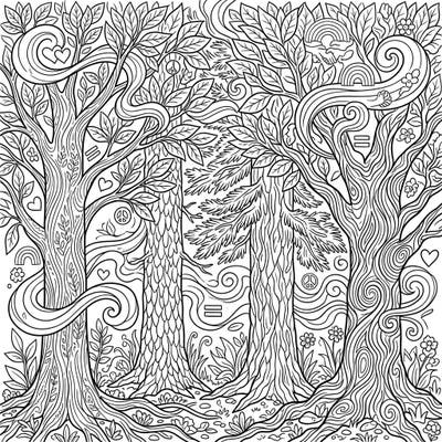 Immerse yourself in a beautifully intricate forest coloring page, thoughtfully designed to celebrate Pride. Discover stylized trees adorned with hidden symbols of love, peace, and equality, waiting for your creative touch.