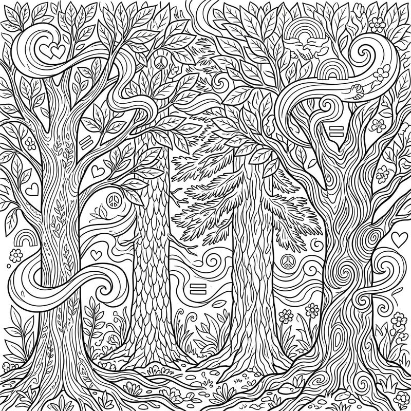 Immerse yourself in a beautifully intricate forest coloring page, thoughtfully designed to celebrate Pride. Discover stylized trees adorned with hidden symbols of love, peace, and equality, waiting for your creative touch.