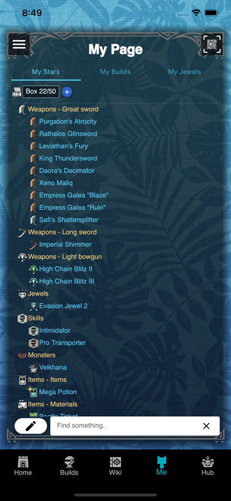 GameCat: MHW - GameCat MHW app My Page screen showing favorited weapons jewels and skills