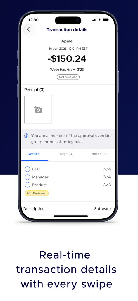 Uma tela de celular mostrando detalhes de transações em tempo real, captura de recibos e marcação de despesas no aplicativo PEX