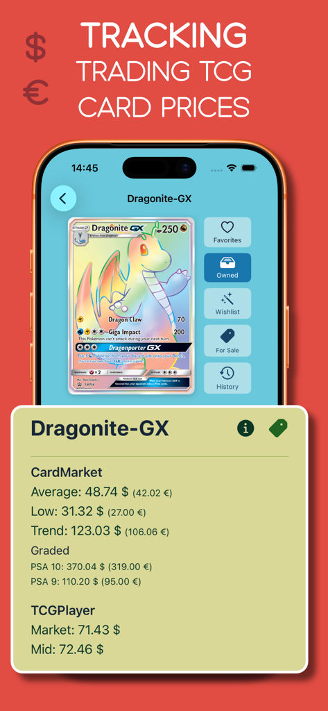 TCG Card Scanner: Value - A mobile app interface displaying real-time market prices and value tracking for a Dragonite-GX trading card.